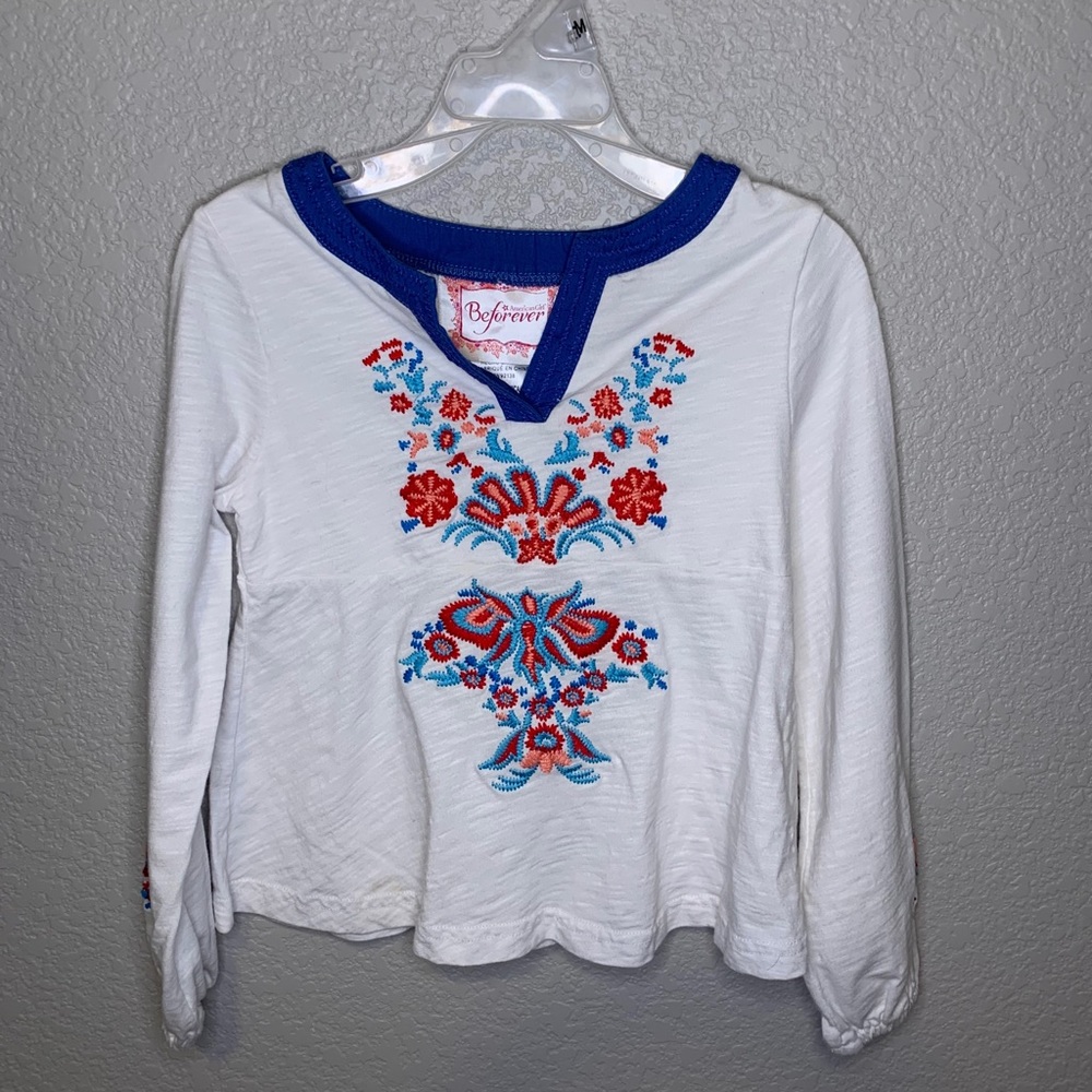 American Girl White Long Sleeve Top with Blue and Red Embroidery